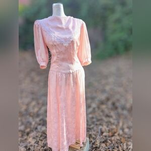 Vintage 80s GUNNE SAX Jessica McClintock Peach Damask Midi Dress SZ 7